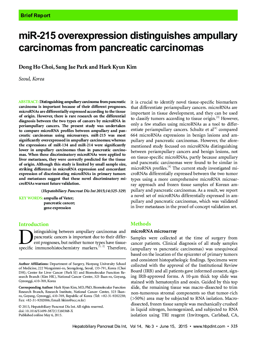 miR-215 overexpression distinguishes ampullary carcinomas from pancreatic carcinomas 
