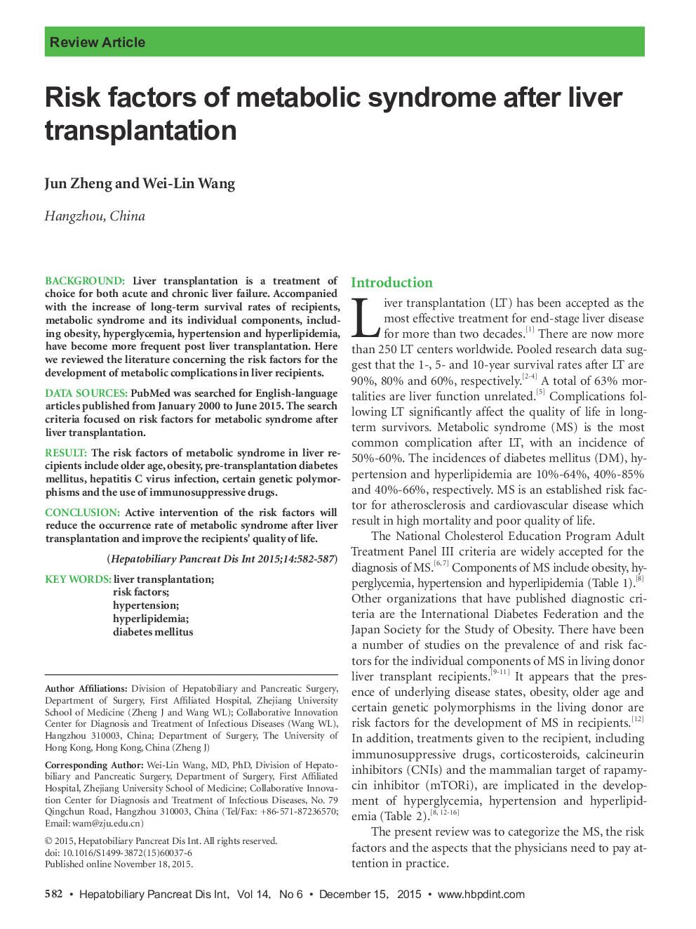 Risk factors of metabolic syndrome after liver transplantation 