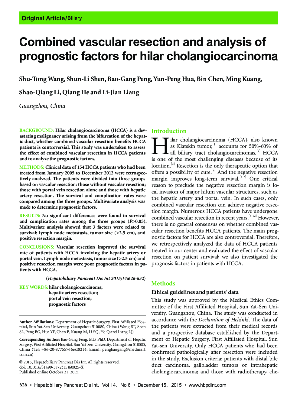 Combined vascular resection and analysis of prognostic factors for hilar cholangiocarcinoma 