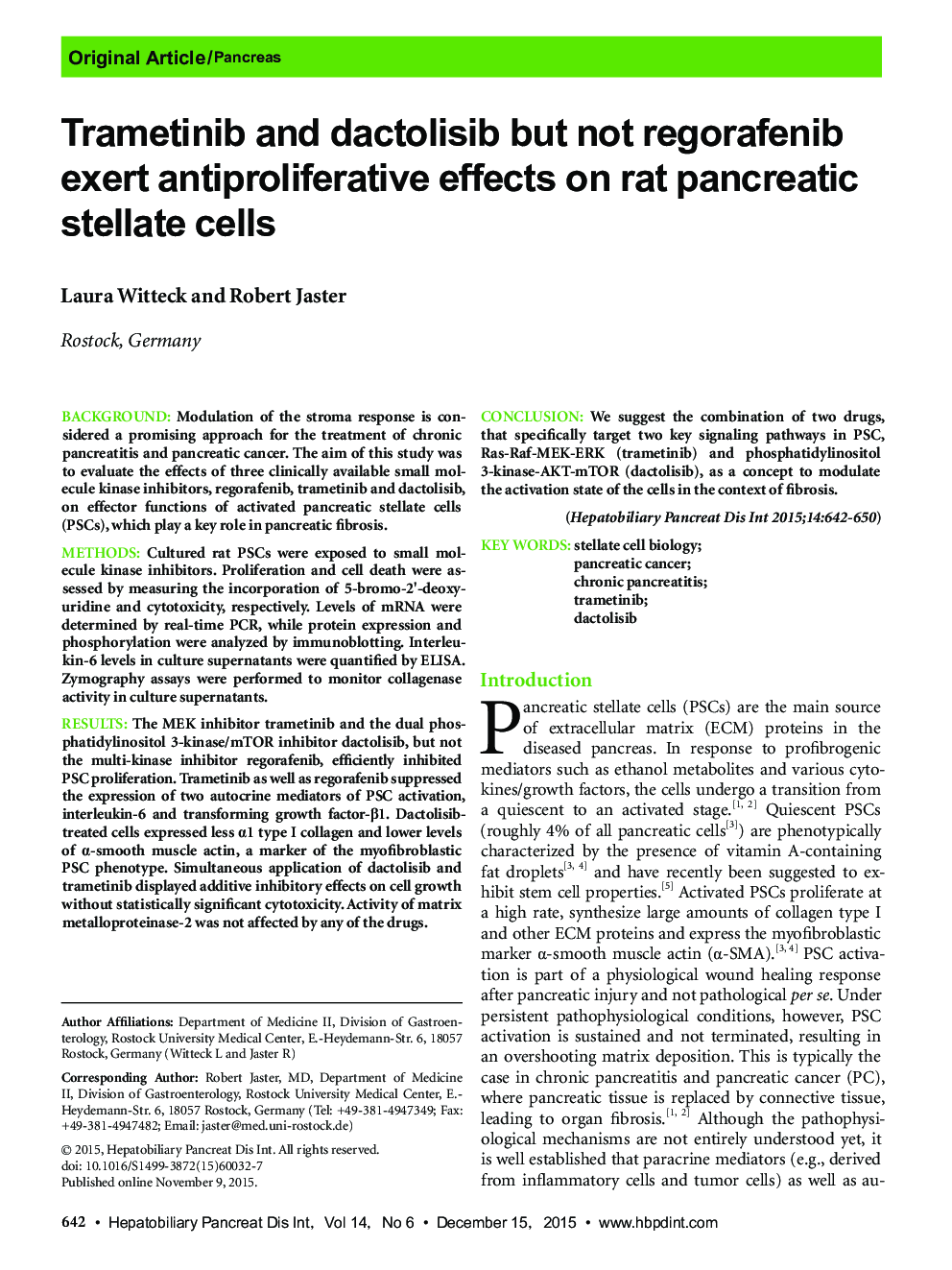 Trametinib and dactolisib but not regorafenib exert antiproliferative effects on rat pancreatic stellate cells 