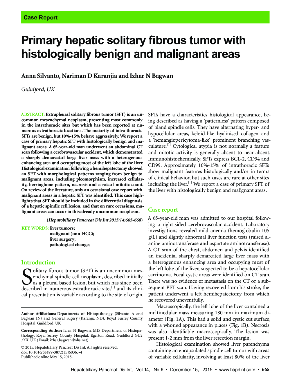 Primary hepatic solitary fibrous tumor with histologically benign and malignant areas 