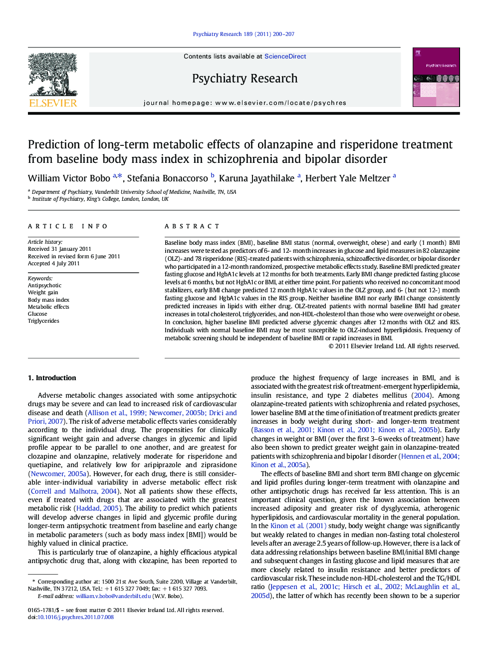 Prediction of long-term metabolic effects of olanzapine and risperidone treatment from baseline body mass index in schizophrenia and bipolar disorder