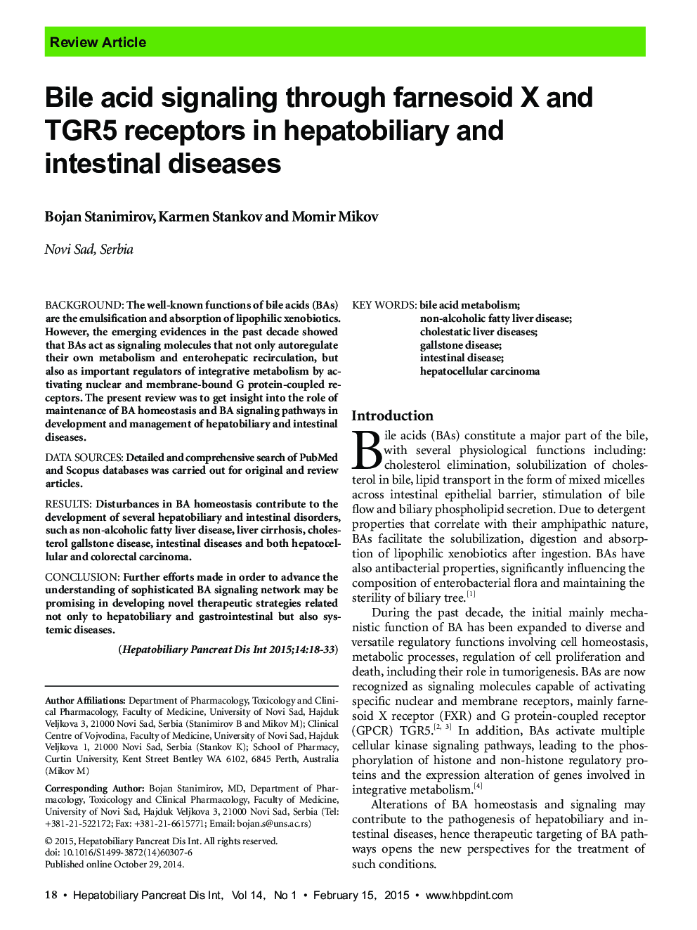 Bile acid signaling through farnesoid X and TGR5 receptors in hepatobiliary and intestinal diseases 