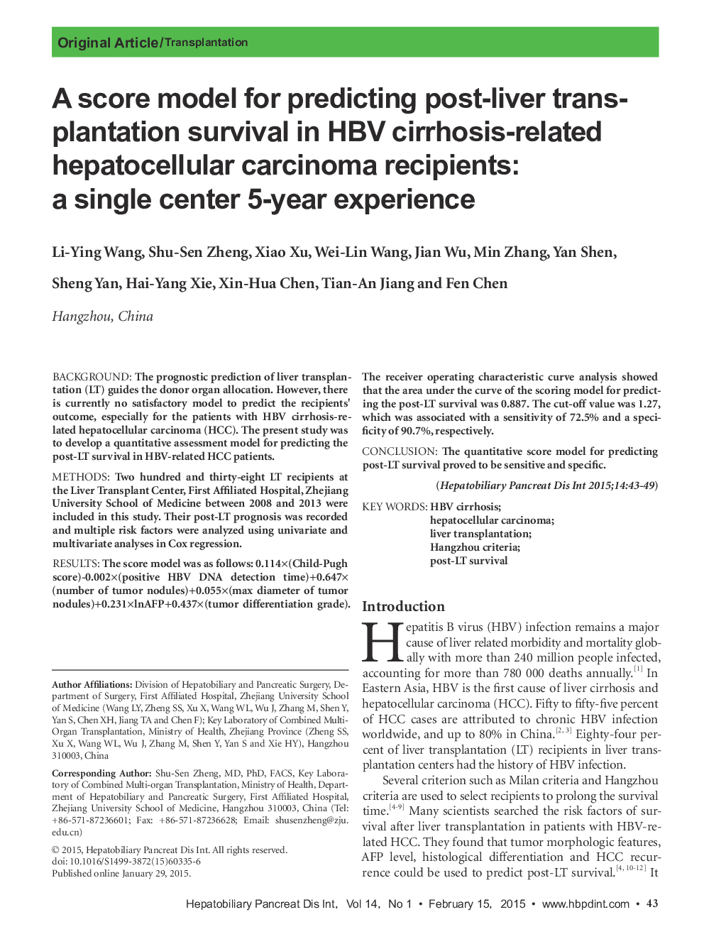 A score model for predicting post-liver transplantation survival in HBV cirrhosis-related hepatocellular carcinoma recipients: a single center 5-year experience 