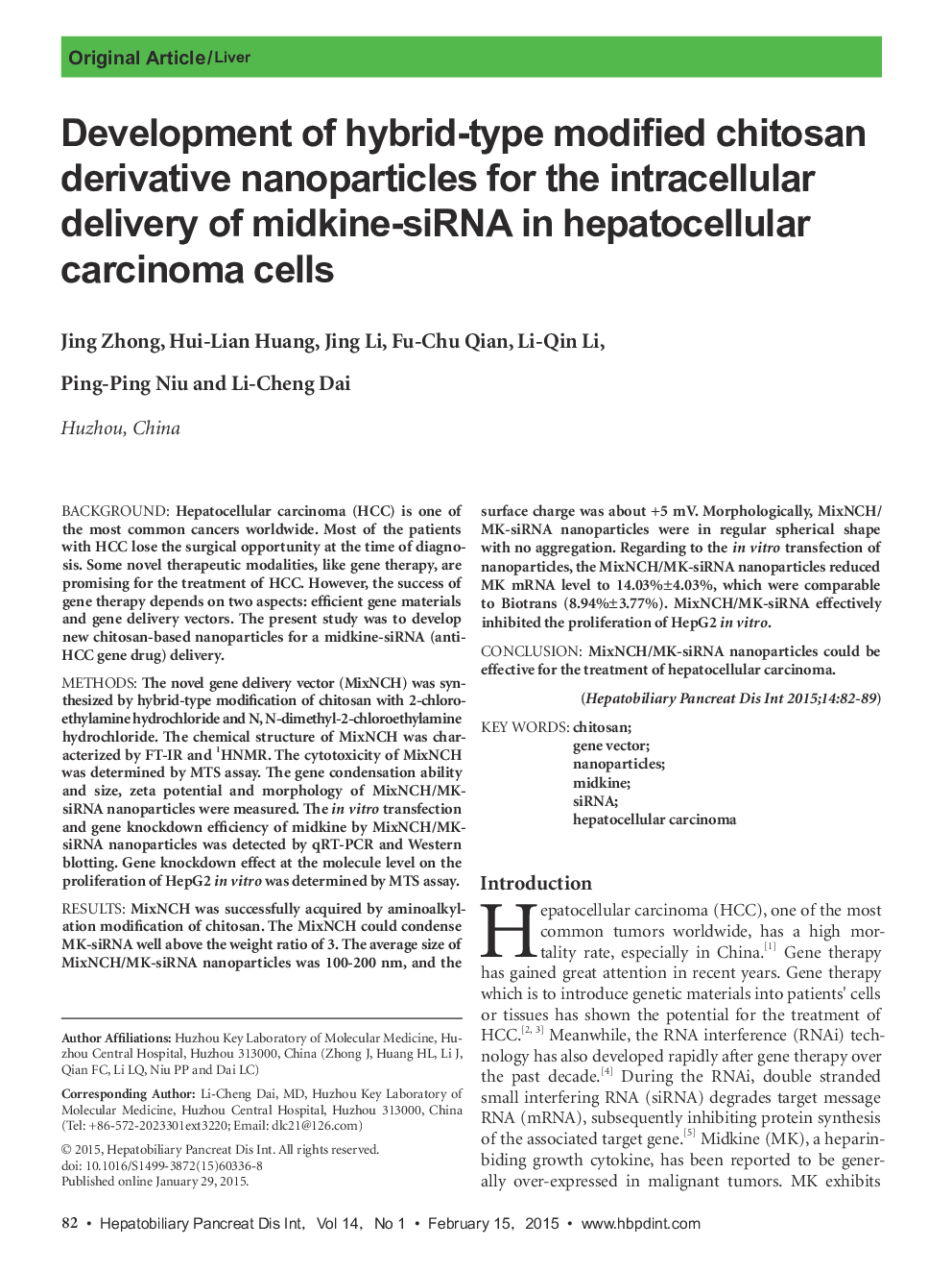 Development of hybrid-type modified chitosan derivative nanoparticles for the intracellular delivery of midkine-siRNA in hepatocellular carcinoma cells 