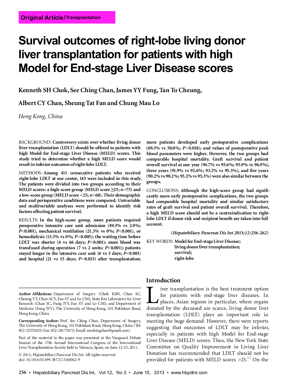 Survival outcomes of right-lobe living donor liver transplantation for patients with high Model for End-stage Liver Disease scores 