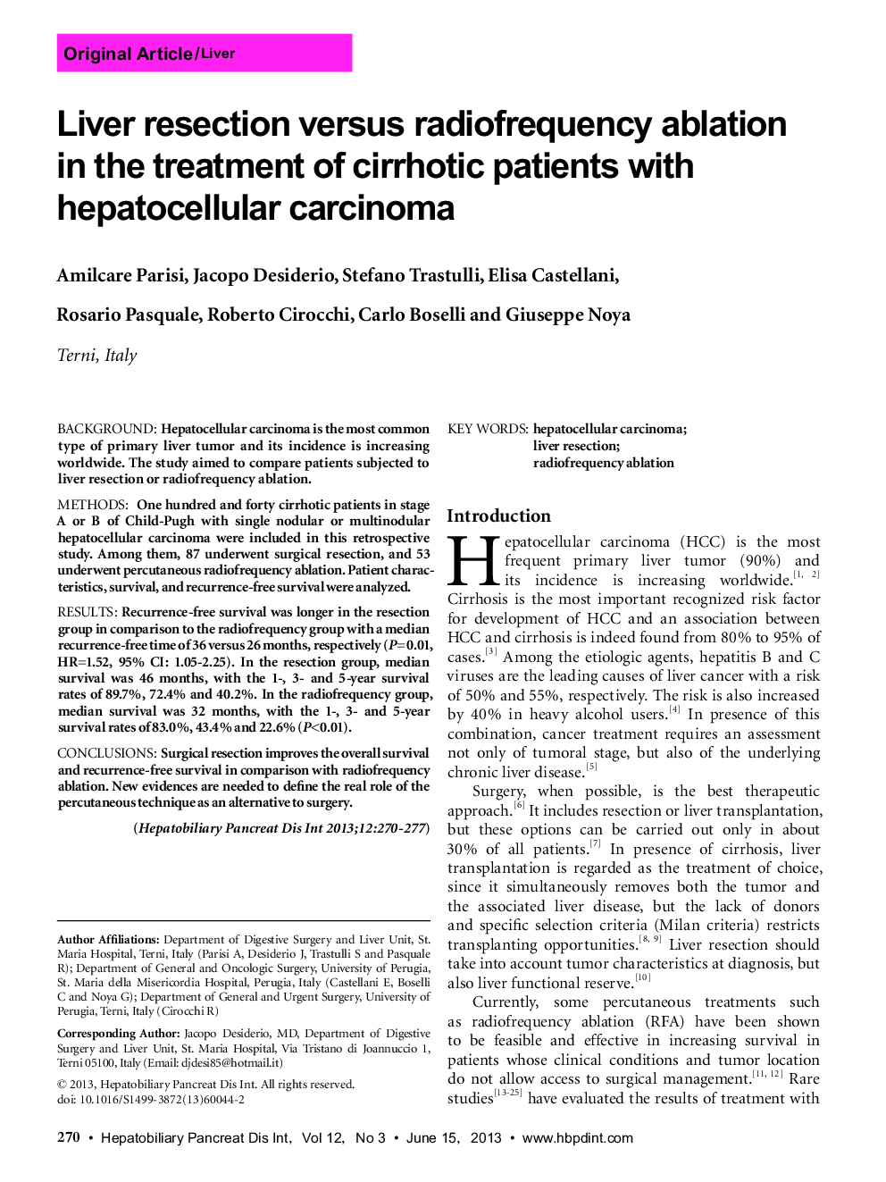 Liver resection versus radiofrequency ablation in the treatment of cirrhotic patients with hepatocellular carcinoma