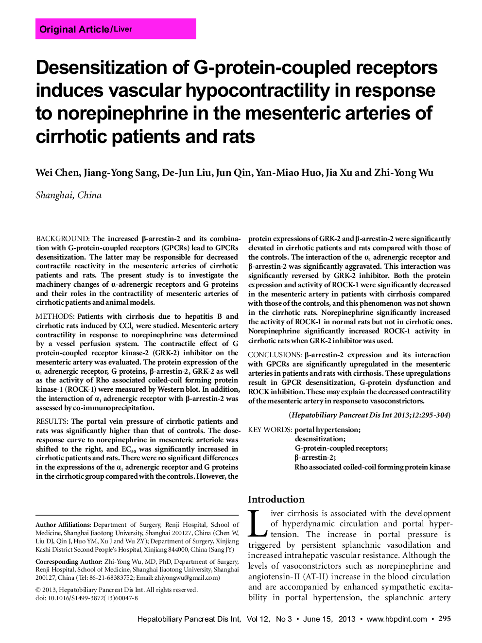 Desensitization of G-protein-coupled receptors induces vascular hypocontractility in response to norepinephrine in the mesenteric arteries of cirrhotic patients and rats
