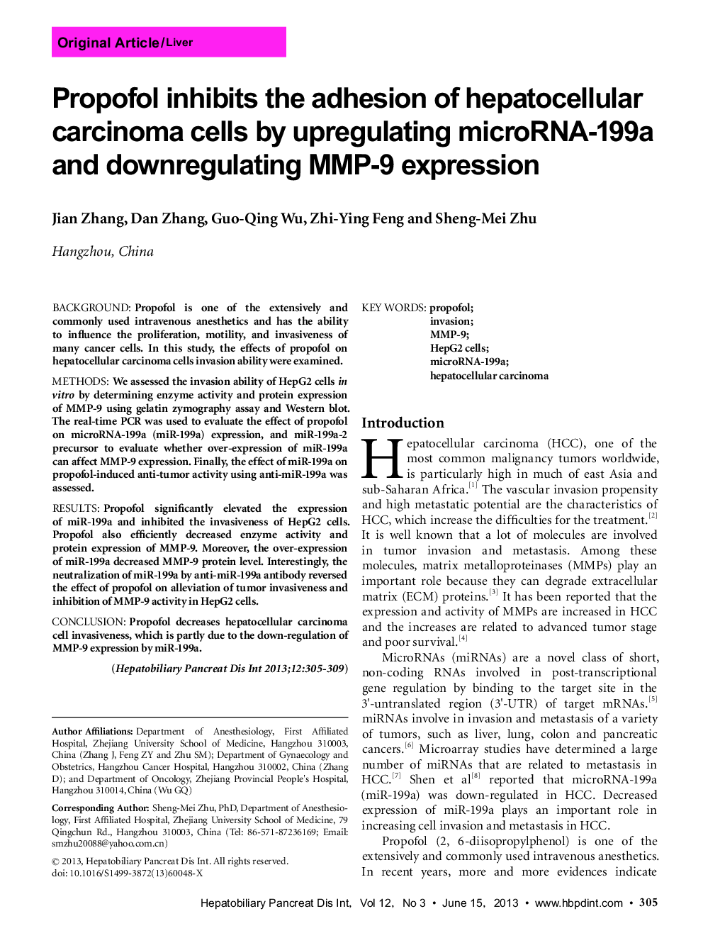 Propofol inhibits the adhesion of hepatocellular carcinoma cells by upregulating microRNA-199a and downregulating MMP-9 expression