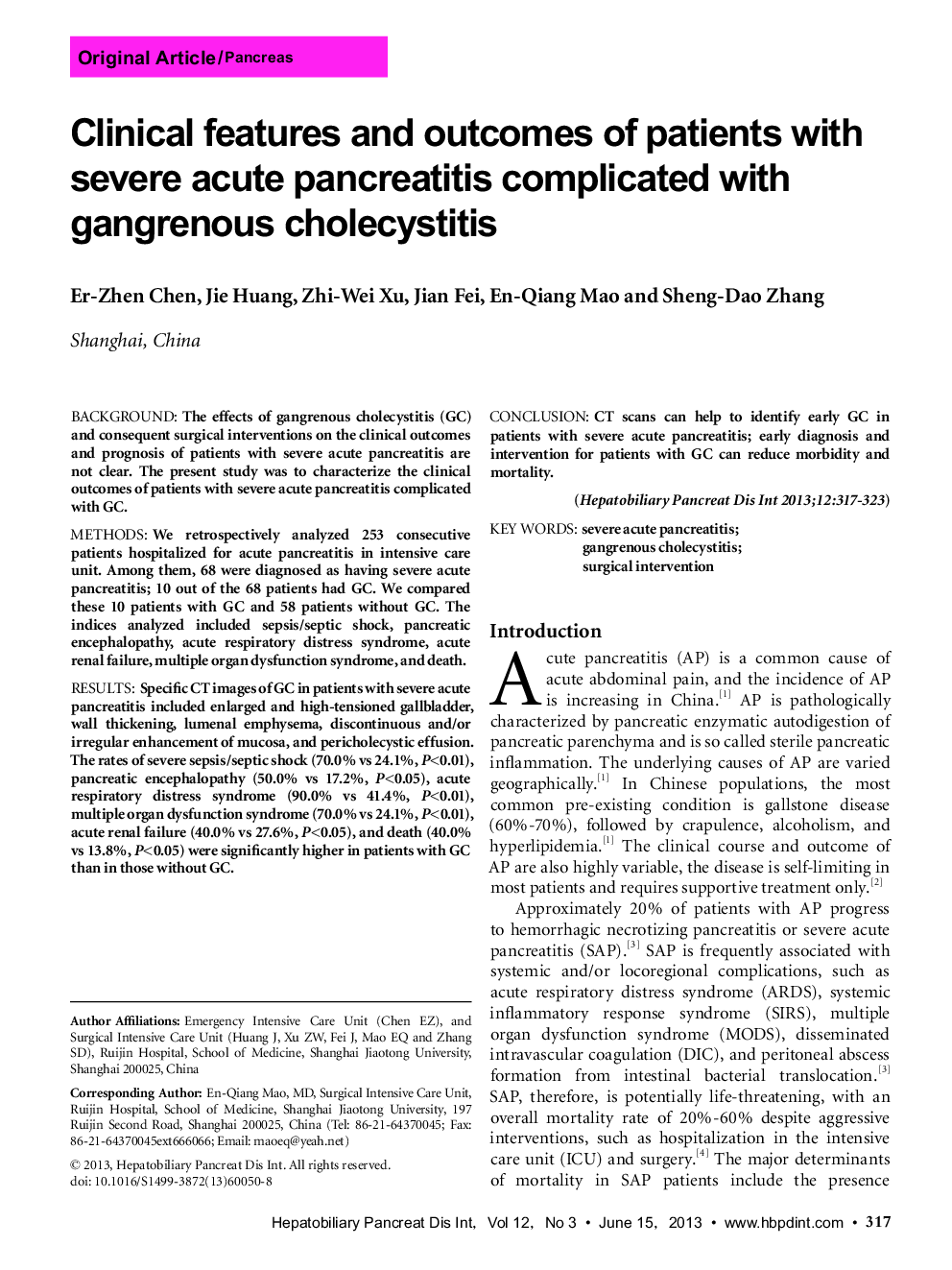 Clinical features and outcomes of patients with severe acute pancreatitis complicated with gangrenous cholecystitis