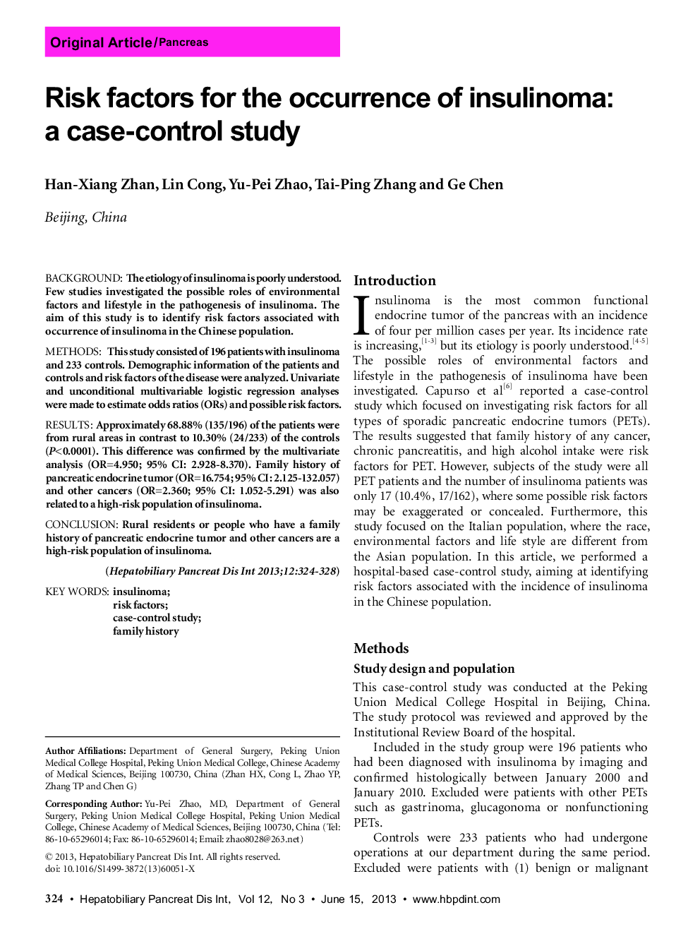 Risk factors for the occurrence of insulinoma: a case-control study