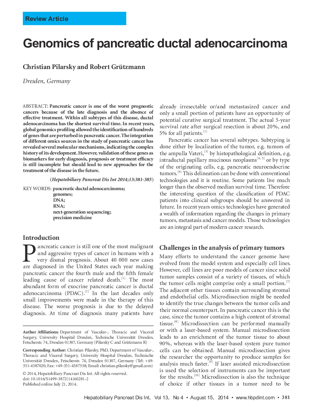 Genomics of pancreatic ductal adenocarcinoma 