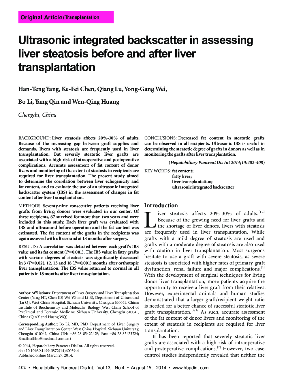 Ultrasonic integrated backscatter in assessing liver steatosis before and after liver transplantation 