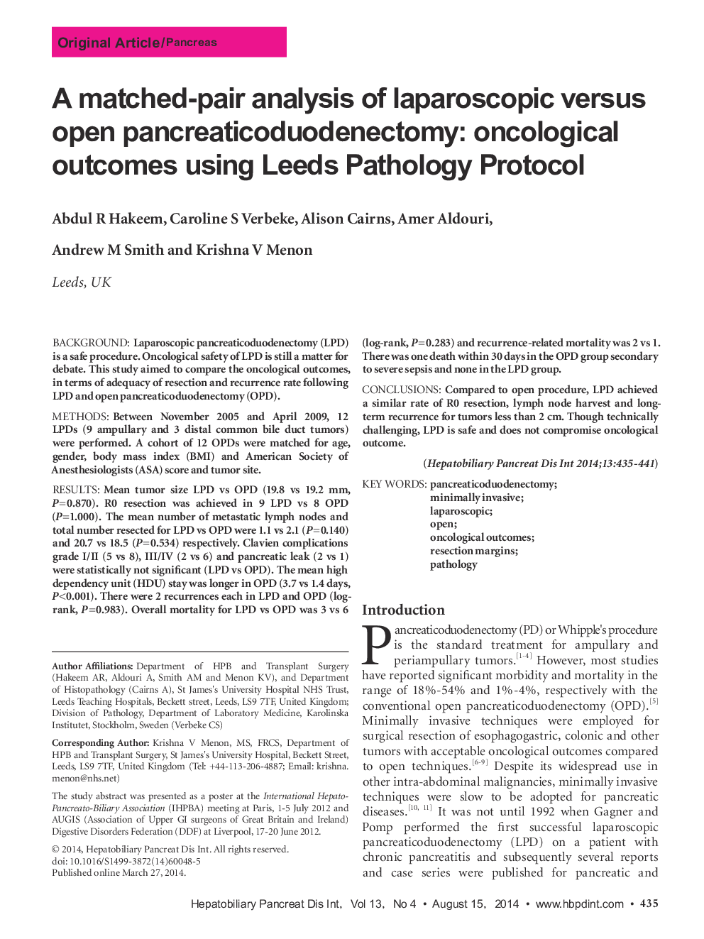 A matched-pair analysis of laparoscopic versus open pancreaticoduodenectomy: oncological outcomes using Leeds Pathology Protocol 