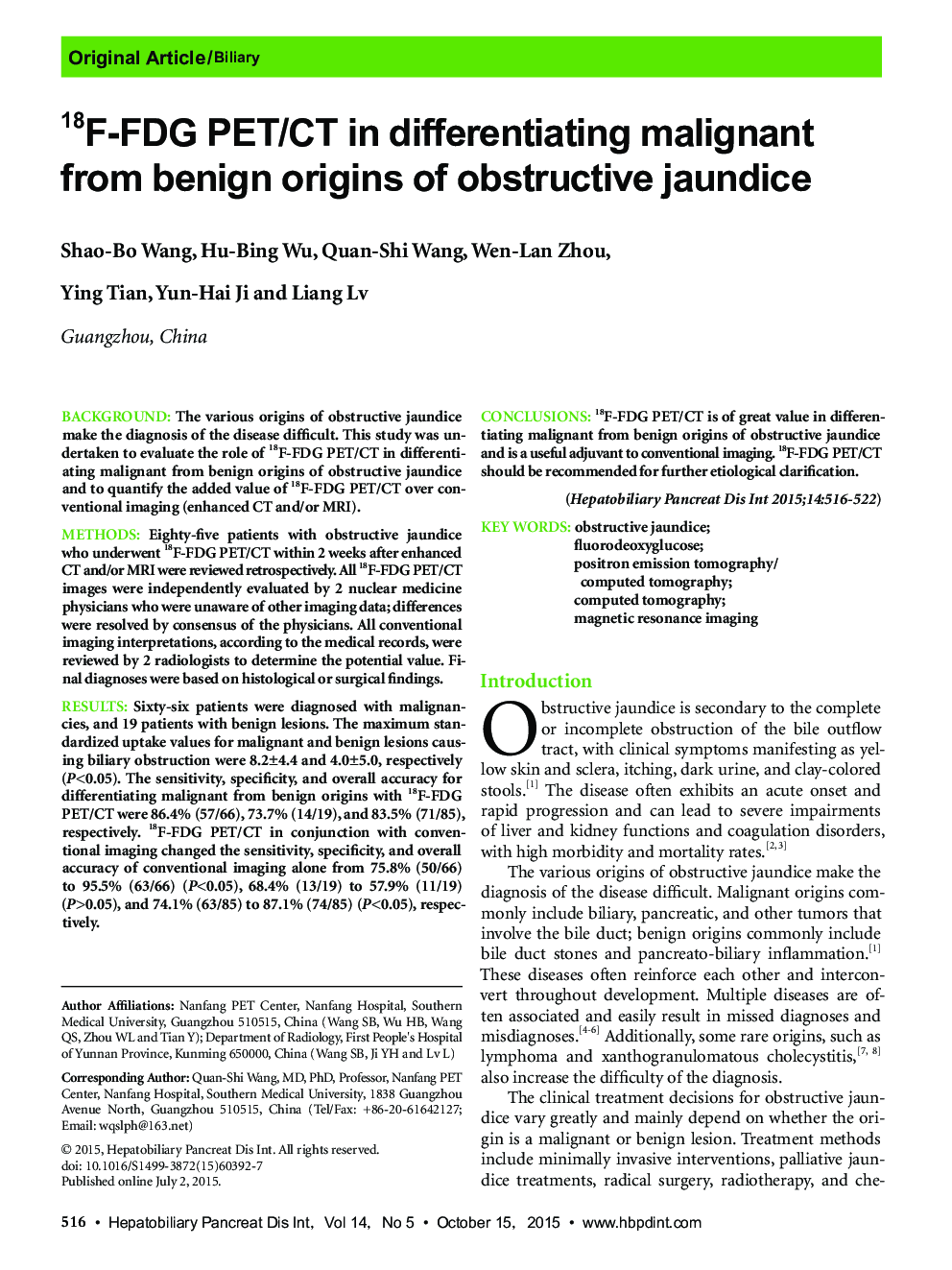 18F-FDG PET/CT in differentiating malignant from benign origins of obstructive jaundice 