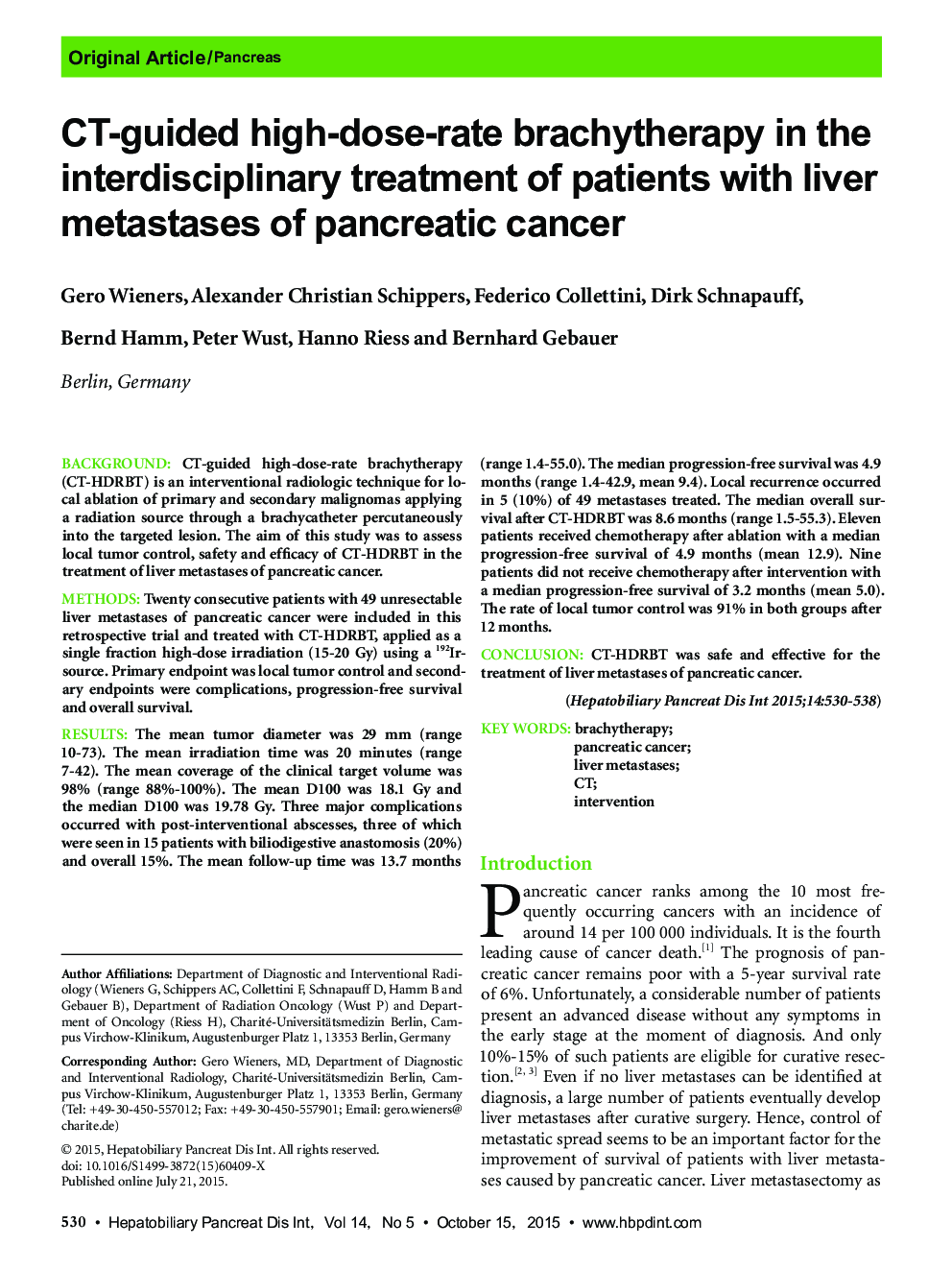 CT-guided high-dose-rate brachytherapy in the interdisciplinary treatment of patients with liver metastases of pancreatic cancer 