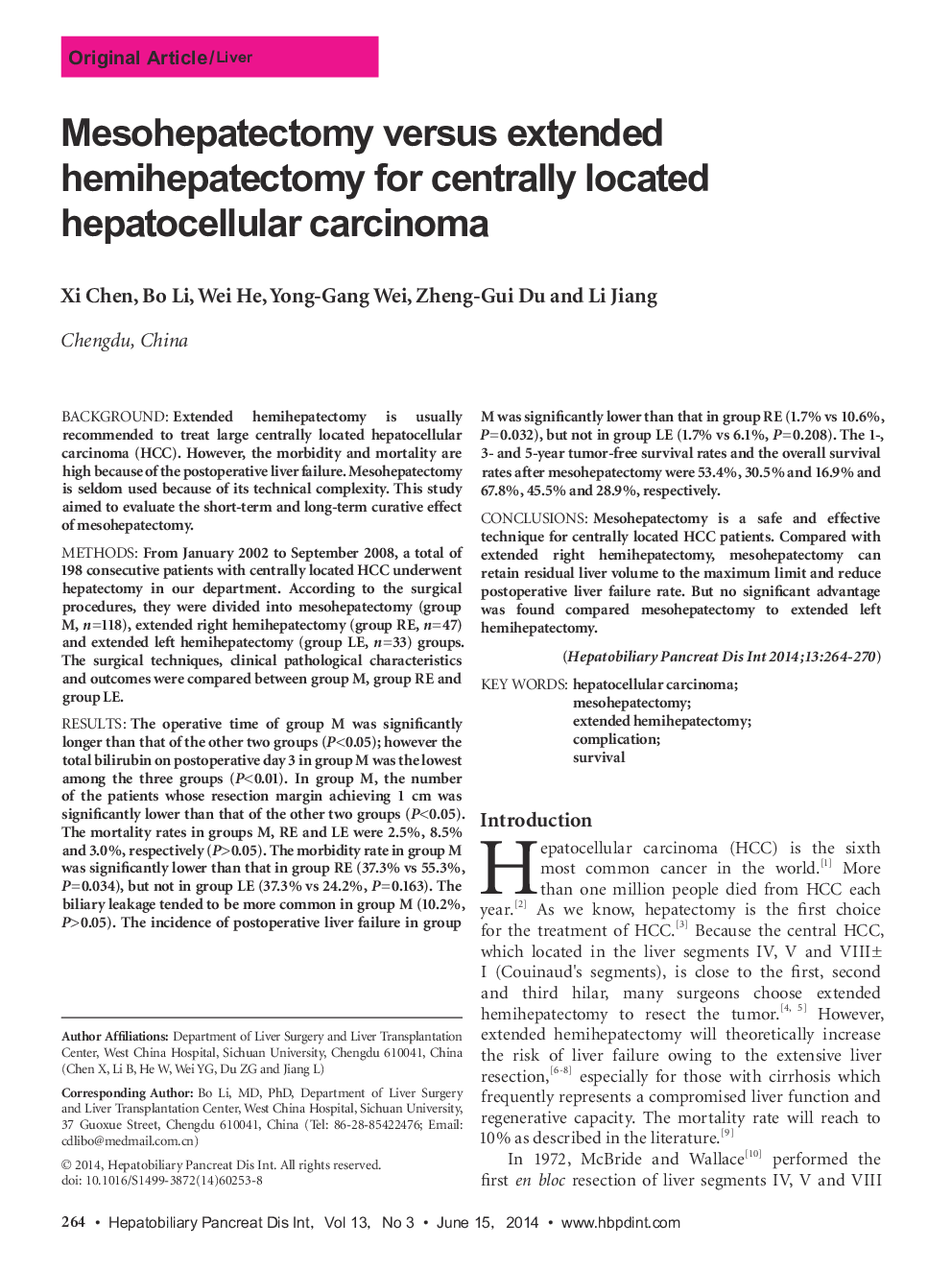 Mesohepatectomy versus extended hemihepatectomy for centrally located hepatocellular carcinoma