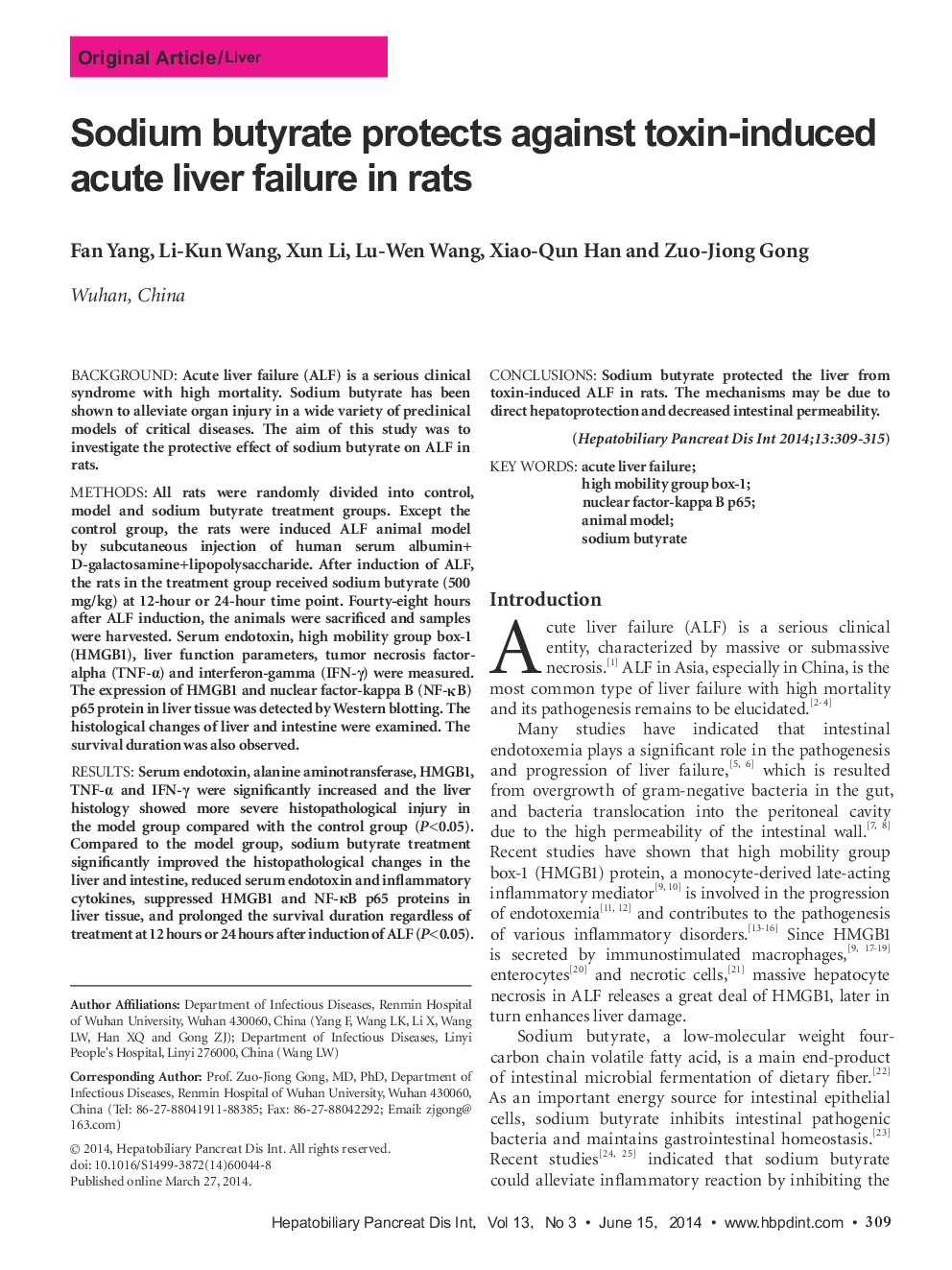 Sodium butyrate protects against toxin-induced acute liver failure in rats 