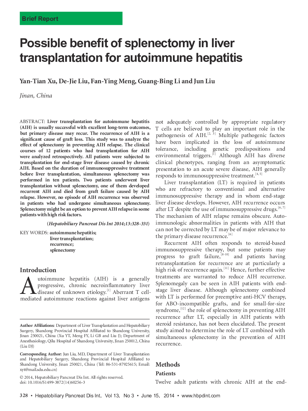 Possible benefit of splenectomy in liver transplantation for autoimmune hepatitis