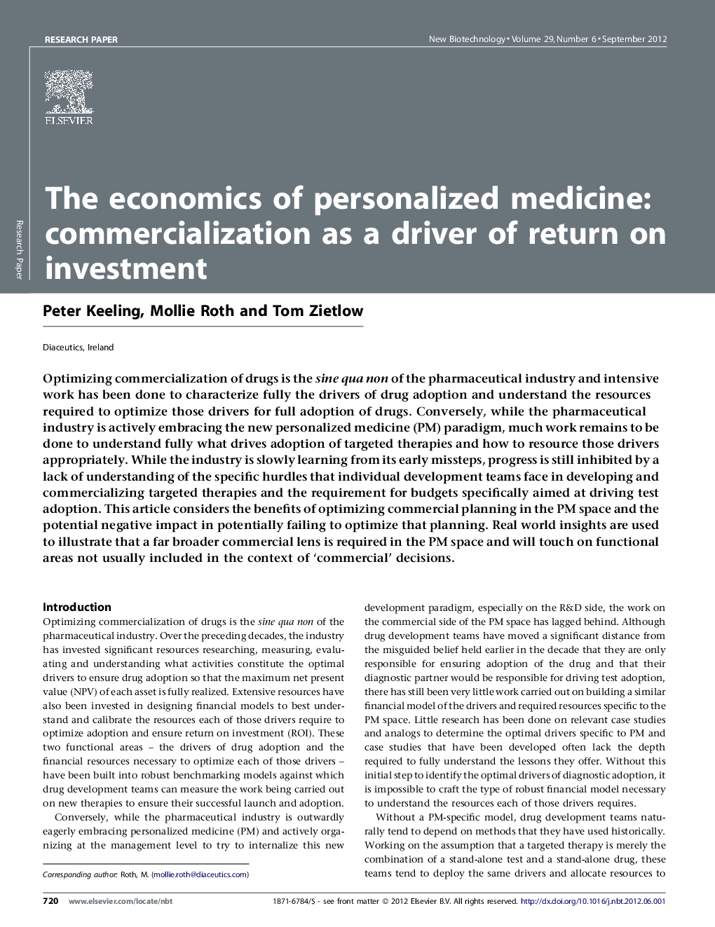 The economics of personalized medicine: commercialization as a driver of return on investment