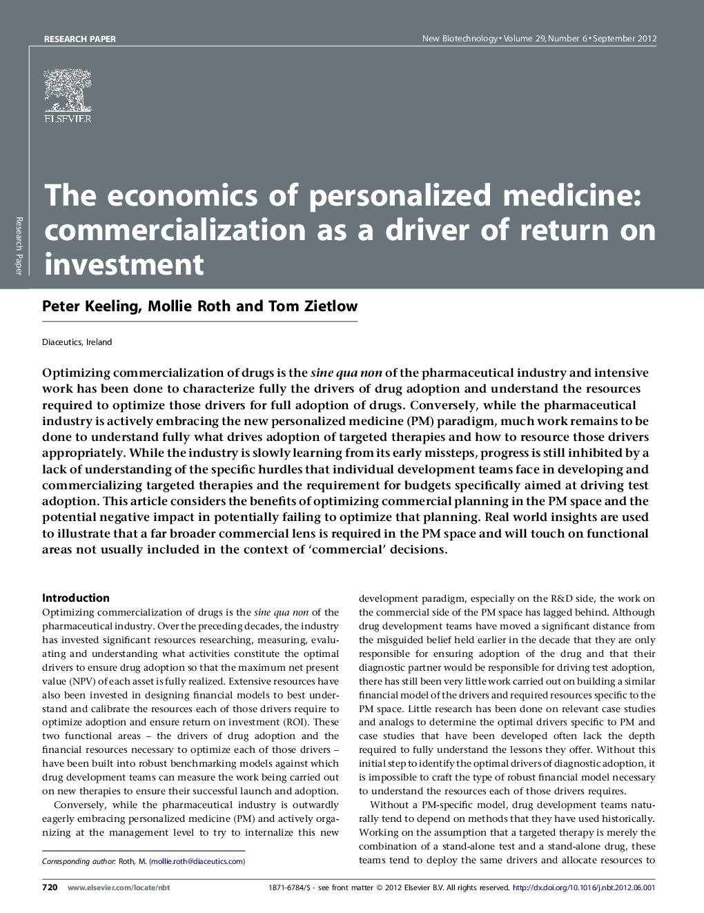 عکس صفحه اول مقاله: The economics of personalized medicine: commercialization as a driver of return on investment The economics of personalized medicine: commercialization as a driver of return on investment