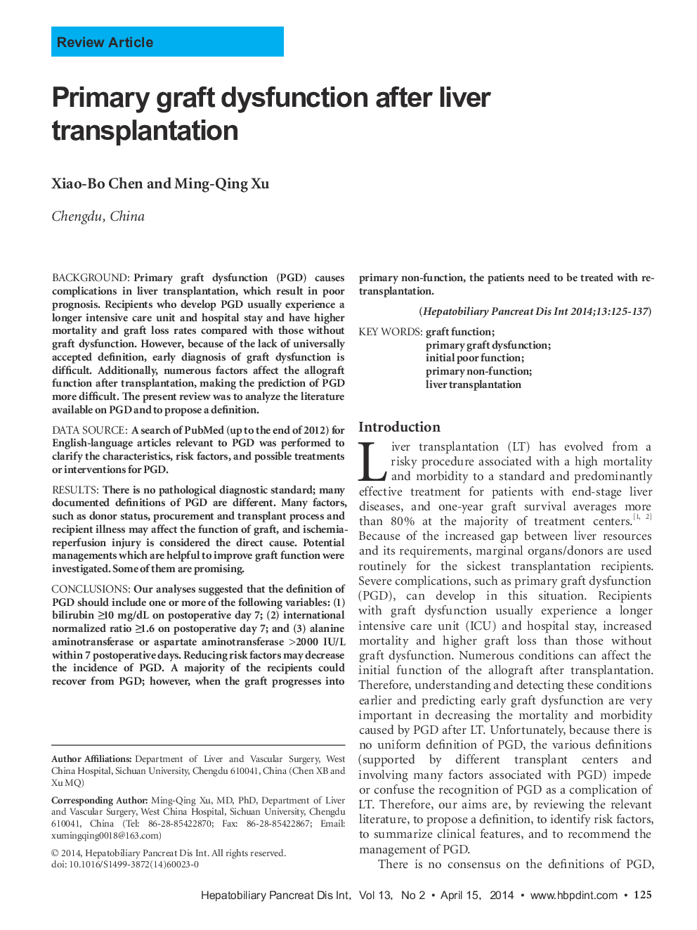 Primary graft dysfunction after liver transplantation