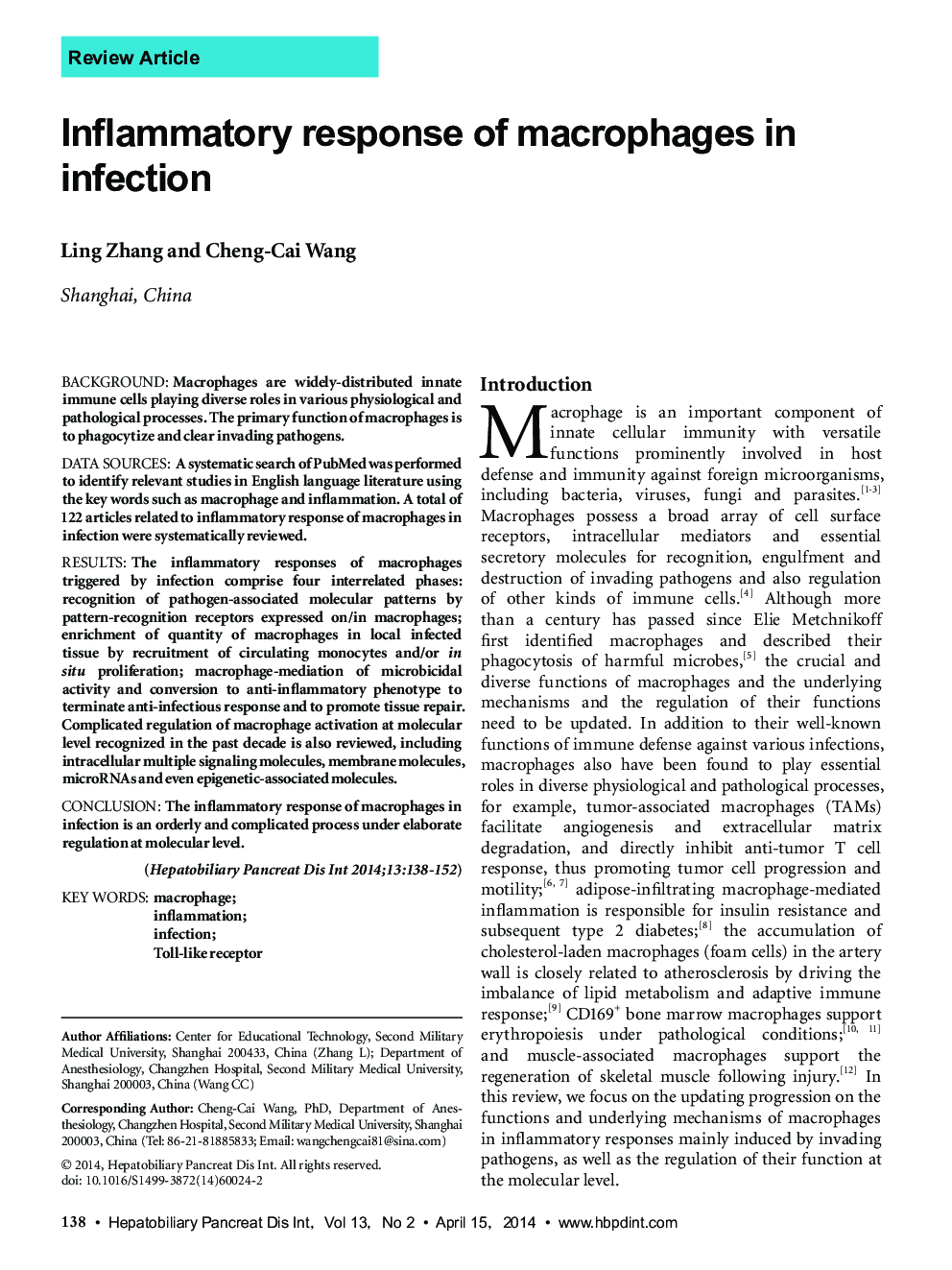 Inflammatory response of macrophages in infection