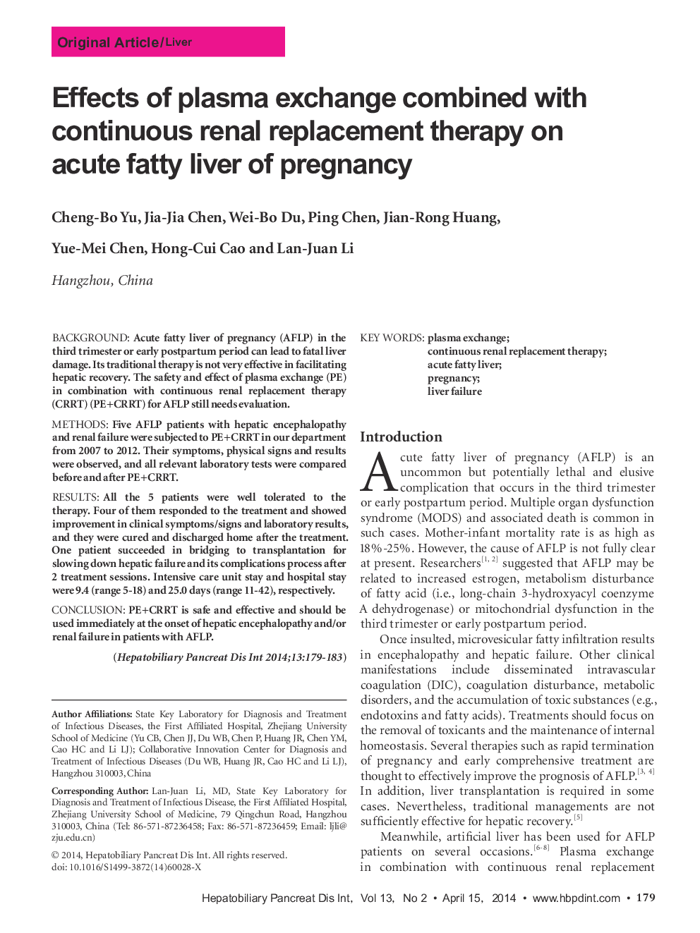 Effects of plasma exchange combined with continuous renal replacement therapy on acute fatty liver of pregnancy