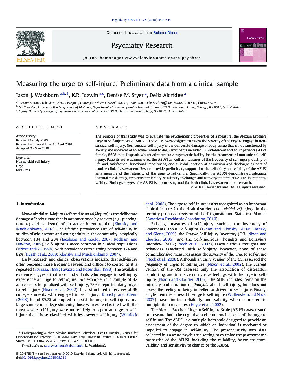 Measuring the urge to self-injure: Preliminary data from a clinical sample