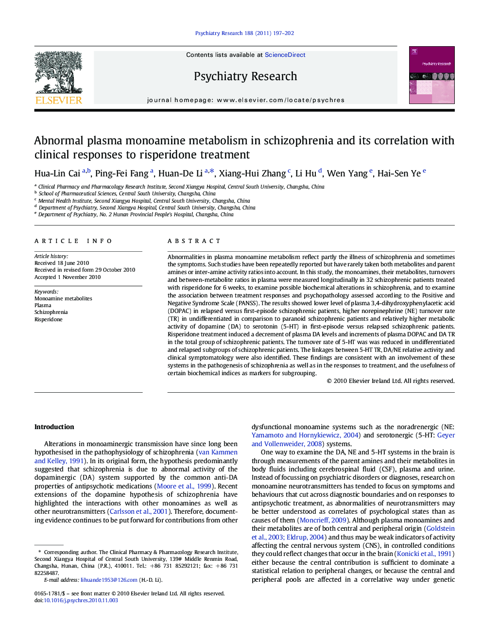 Abnormal plasma monoamine metabolism in schizophrenia and its correlation with clinical responses to risperidone treatment