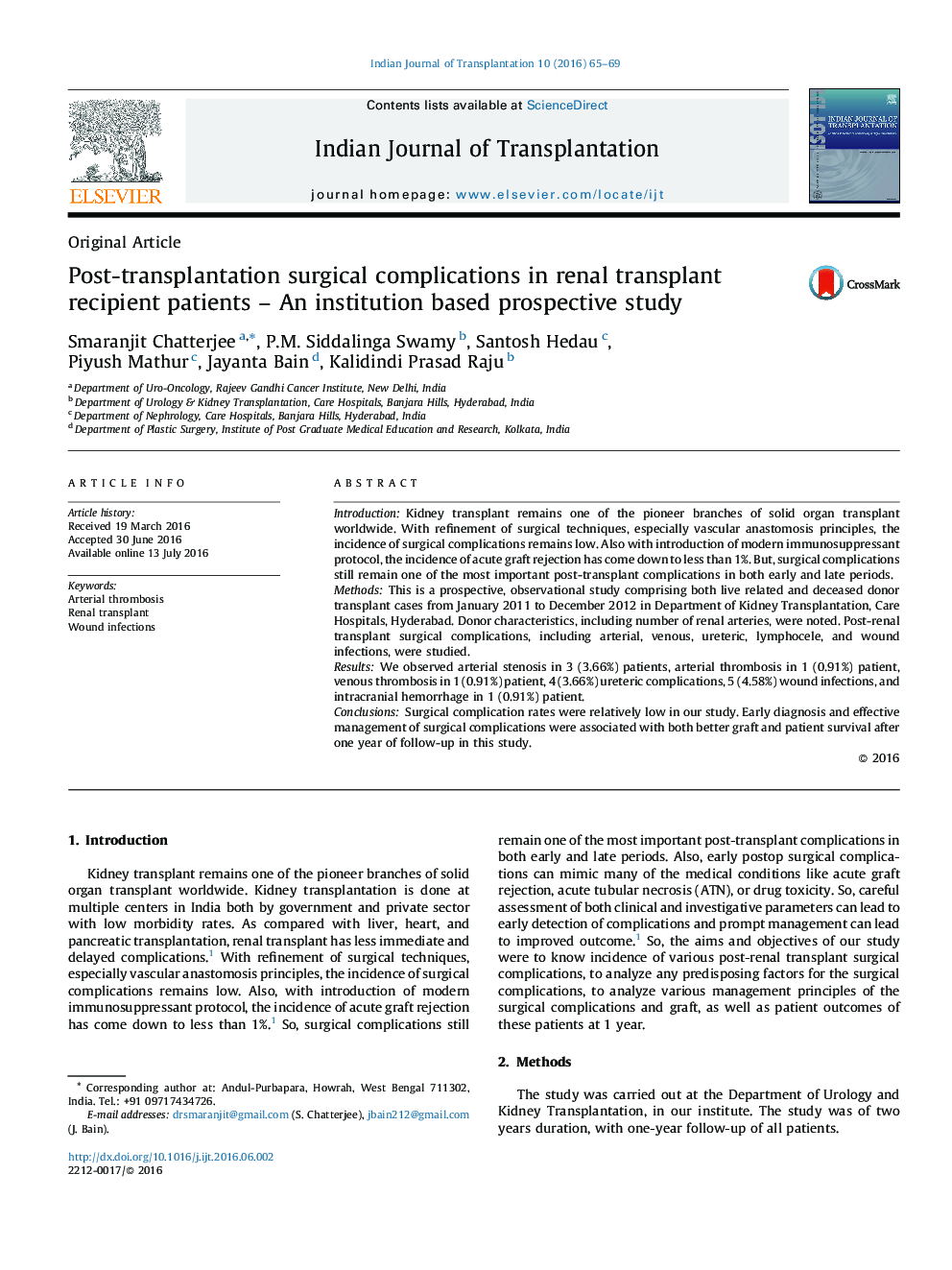 Post-transplantation surgical complications in renal transplant recipient patients – An institution based prospective study