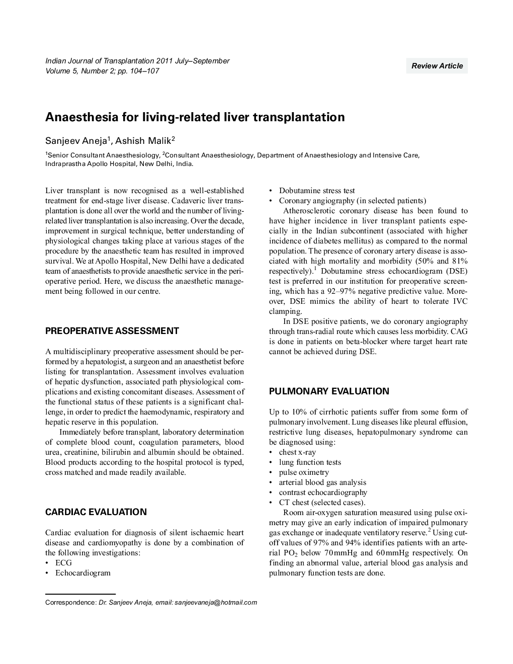 Anaesthesia for living-related liver transplantation
