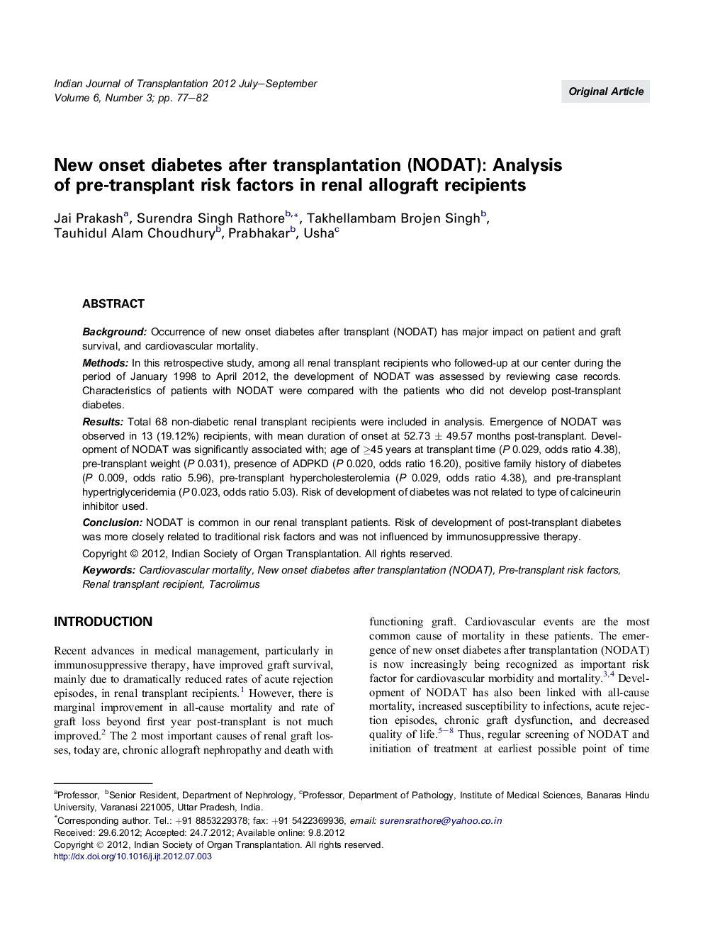 New onset diabetes after transplantation (NODAT): Analysis of pre-transplant risk factors in renal allograft recipients