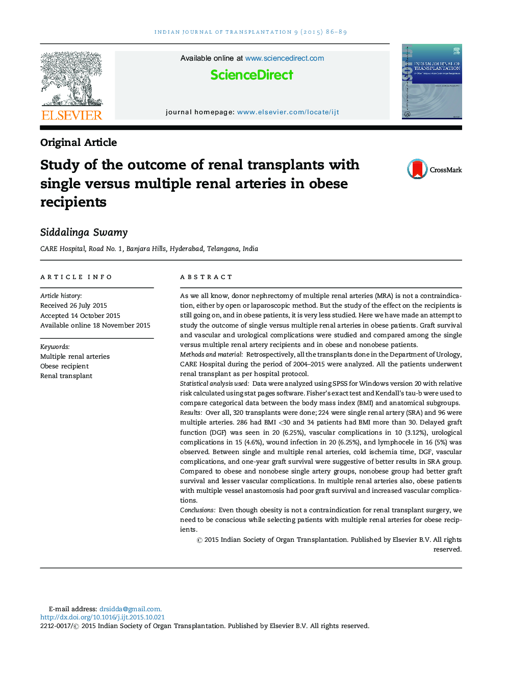 Study of the outcome of renal transplants with single versus multiple renal arteries in obese recipients