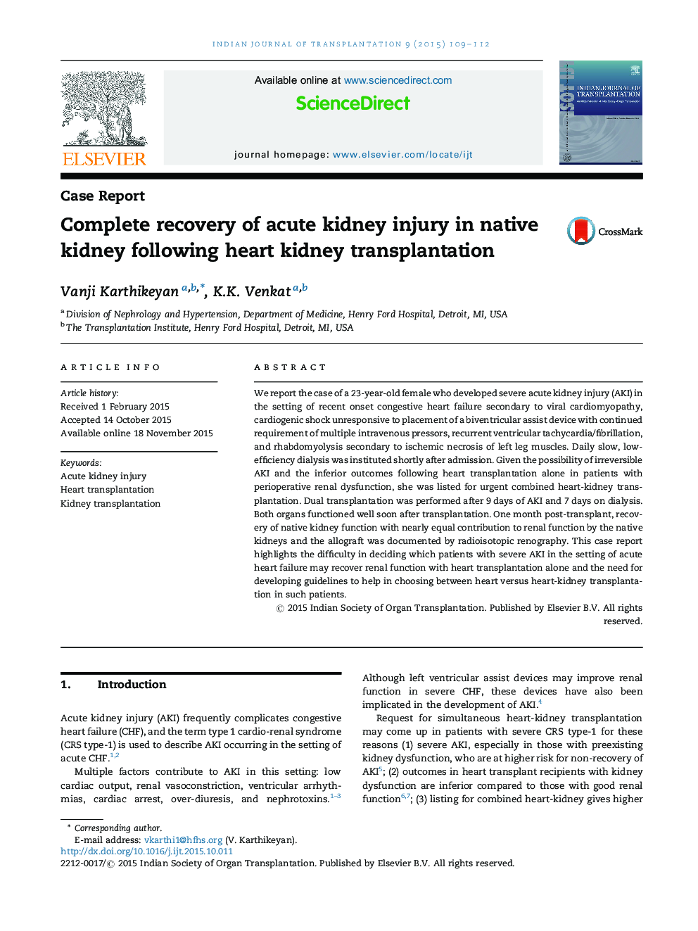 Complete recovery of acute kidney injury in native kidney following heart kidney transplantation