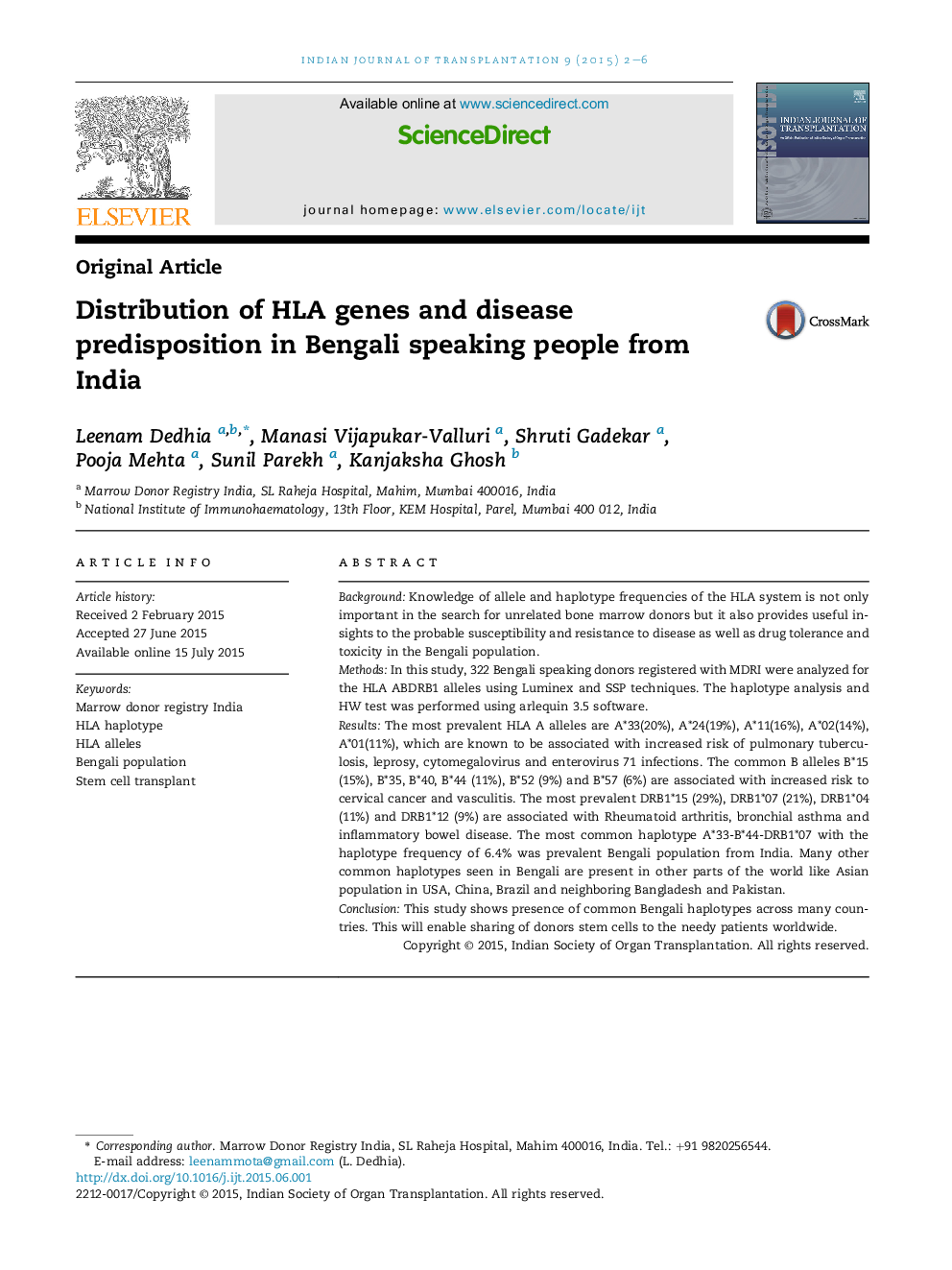 Distribution of HLA genes and disease predisposition in Bengali speaking people from India