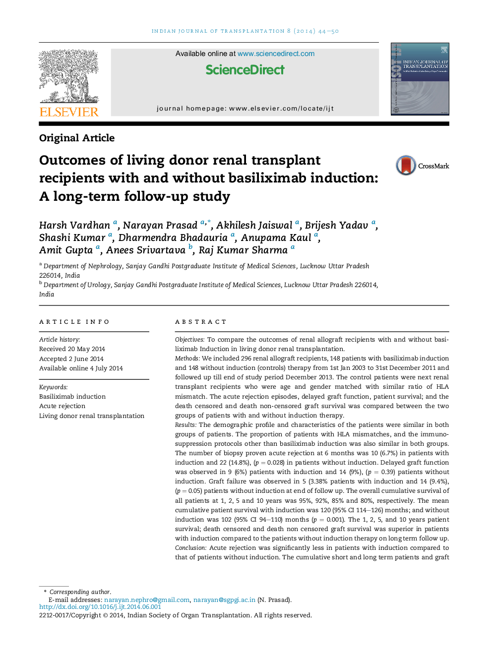 Outcomes of living donor renal transplant recipients with and without basiliximab induction: A long-term follow-up study