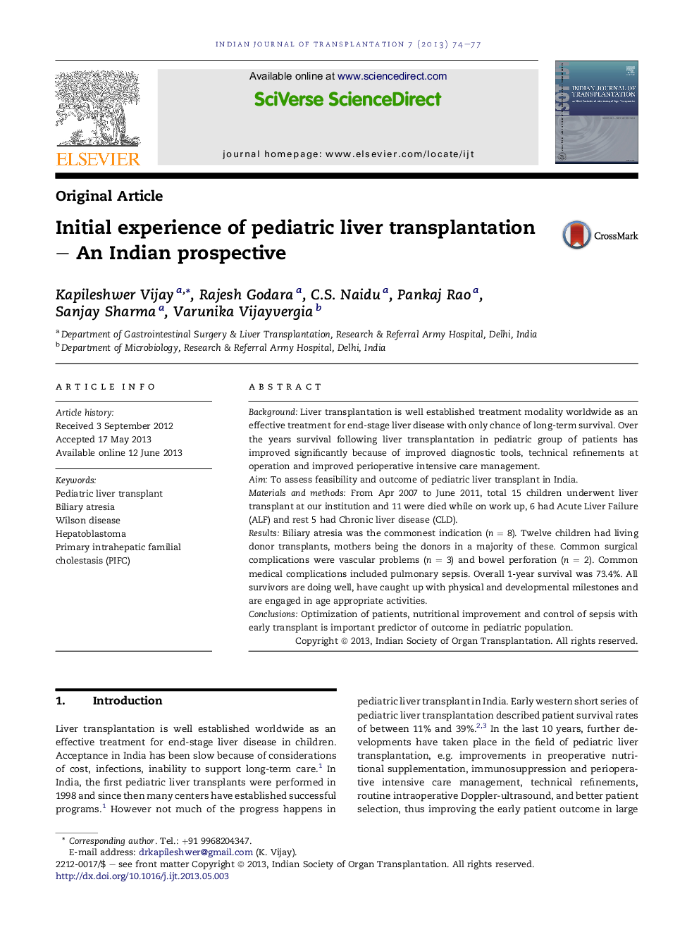 Initial experience of pediatric liver transplantation - An Indian prospective