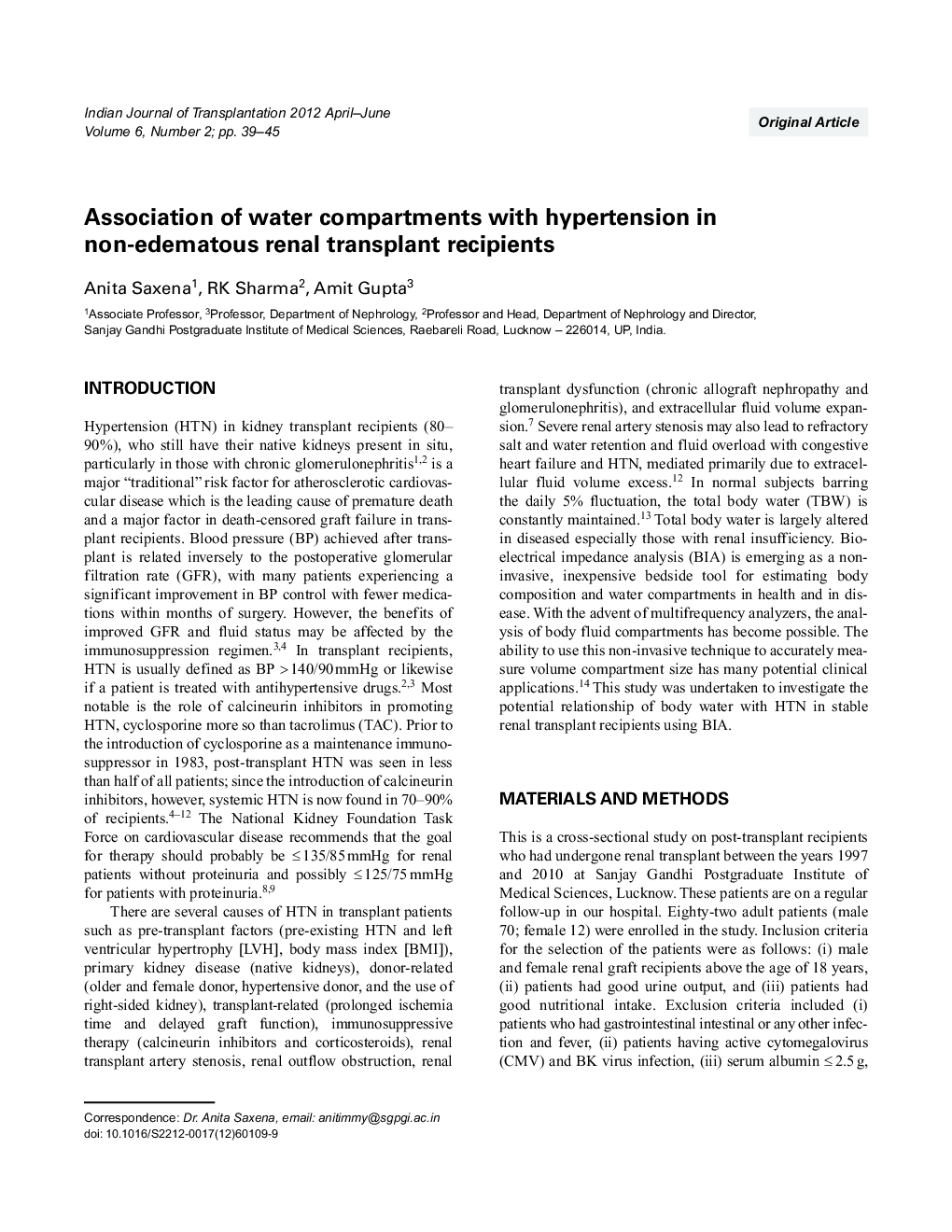 عکس صفحه اول مقاله: Association of water compartments with hypertension in non-edematous renal transplant recipients Association of water compartments with hypertension in non-edematous renal transplant recipients
