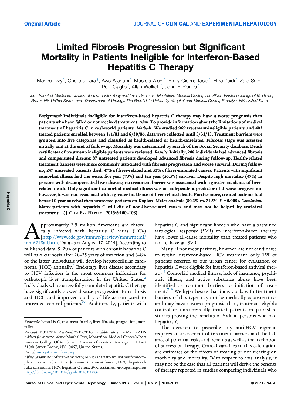 Limited Fibrosis Progression but Significant Mortality in Patients Ineligible for Interferon-Based Hepatitis C Therapy