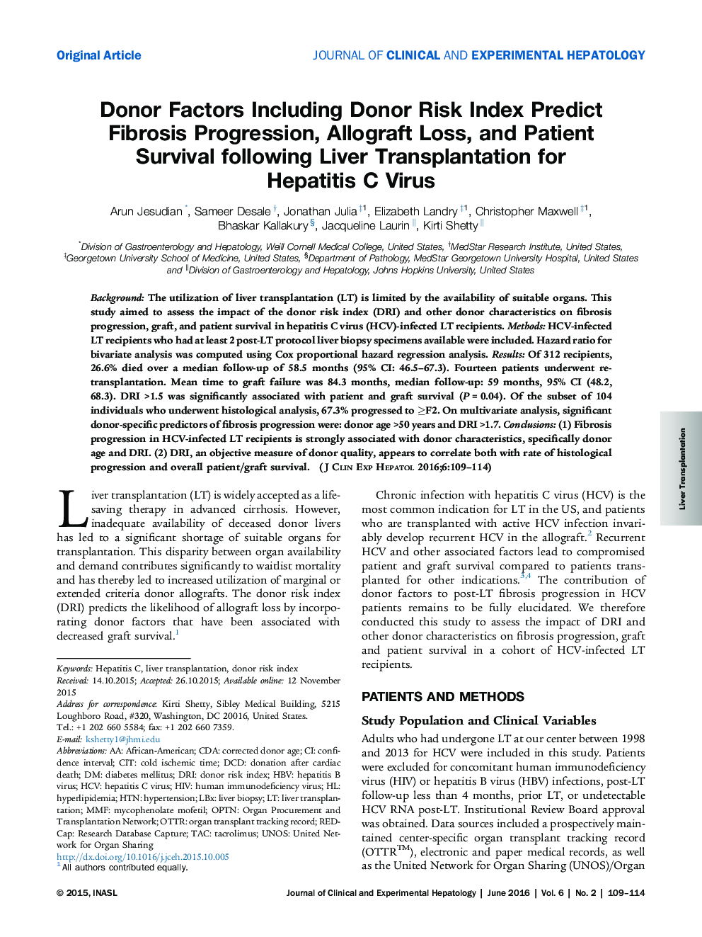 Donor Factors Including Donor Risk Index Predict Fibrosis Progression, Allograft Loss, and Patient Survival following Liver Transplantation for Hepatitis C Virus