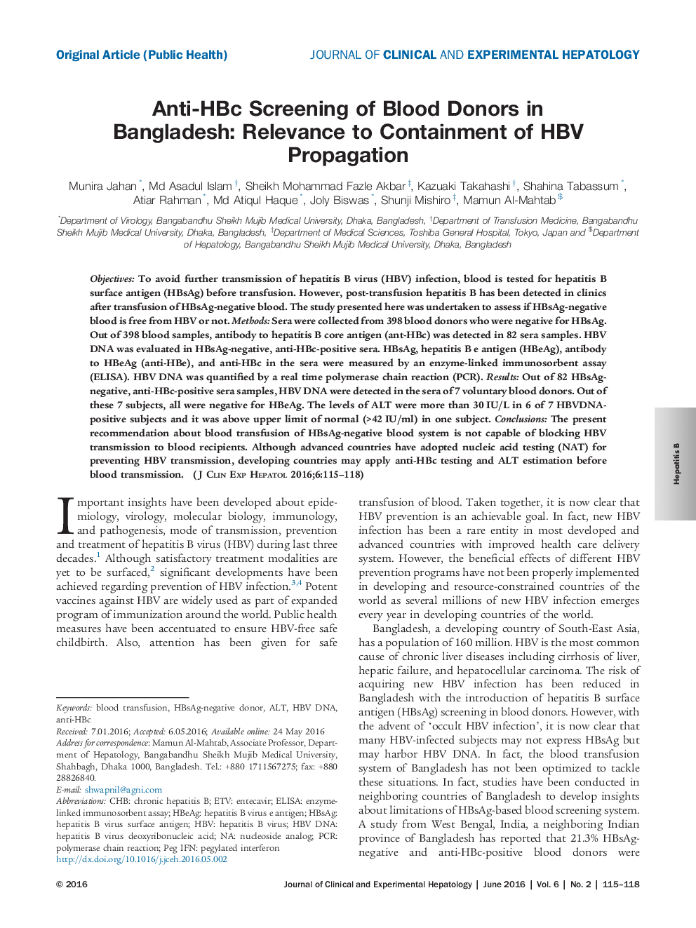 Anti-HBc Screening of Blood Donors in Bangladesh: Relevance to Containment of HBV Propagation
