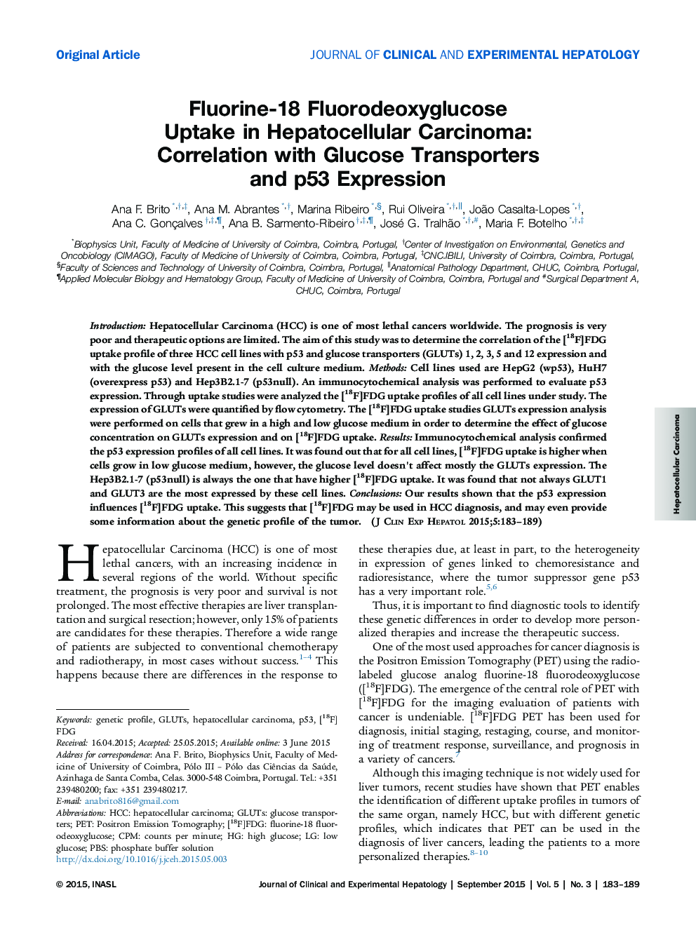 Fluorine-18 Fluorodeoxyglucose Uptake in Hepatocellular Carcinoma: Correlation with Glucose Transporters and p53 Expression
