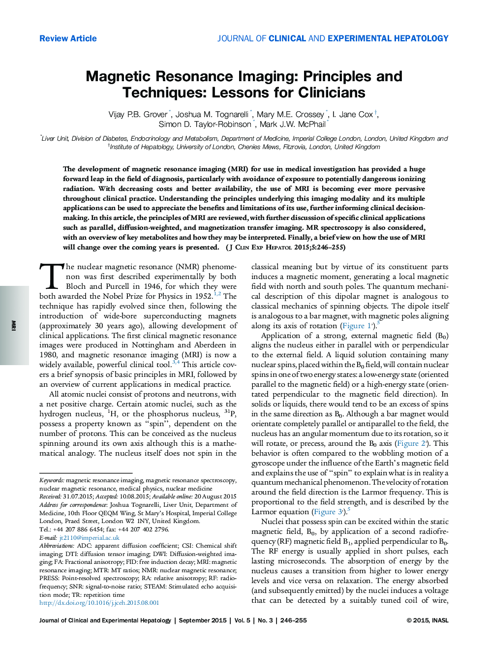 Magnetic Resonance Imaging: Principles and Techniques: Lessons for Clinicians