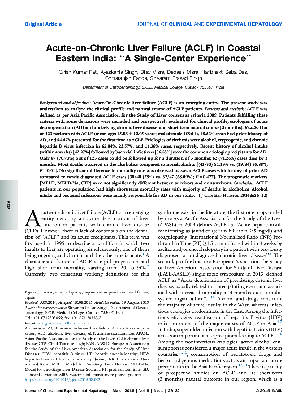 Acute-on-Chronic Liver Failure (ACLF) in Coastal Eastern India: “A Single-Center Experience”