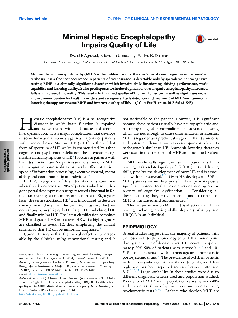 Minimal Hepatic Encephalopathy Impairs Quality of Life
