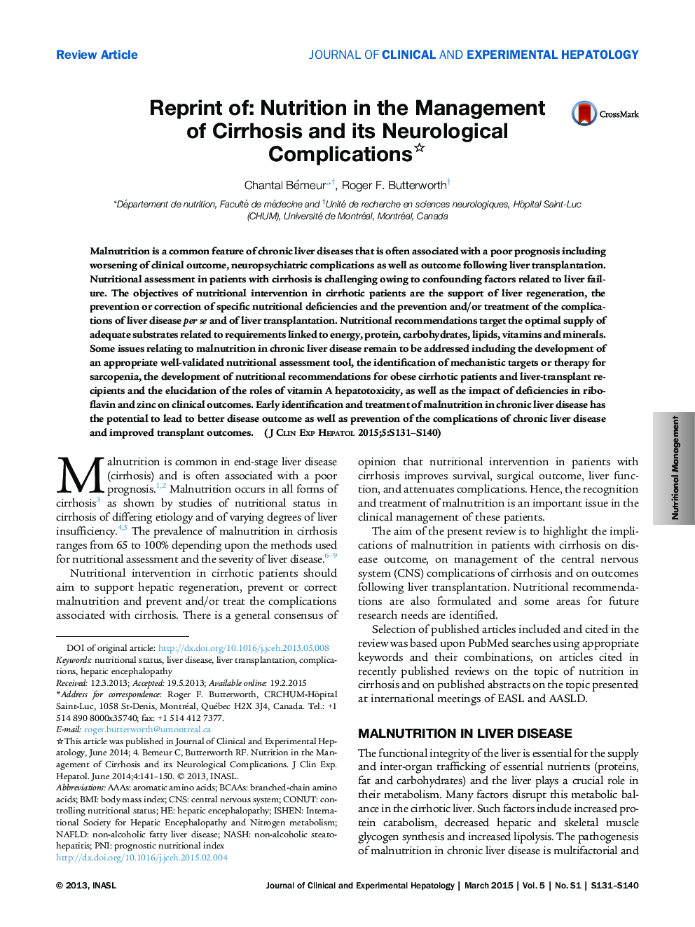 Reprint of: Nutrition in the Management of Cirrhosis and its Neurological Complications 