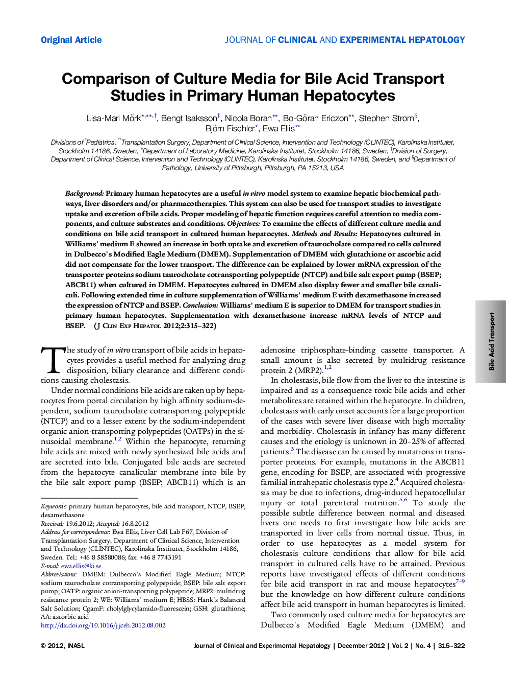 Comparison of Culture Media for Bile Acid Transport Studies in Primary Human Hepatocytes