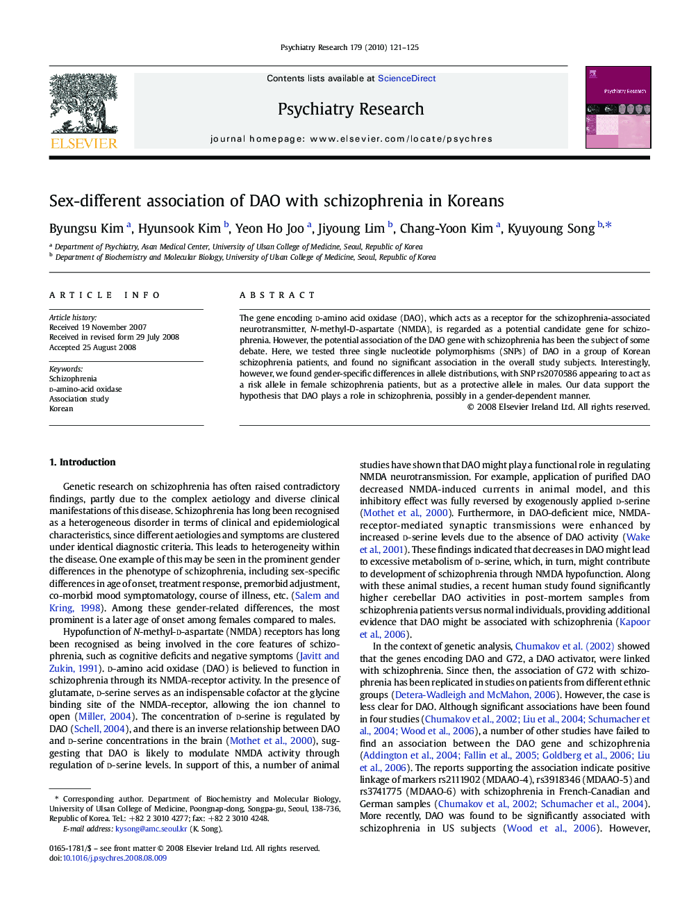 Sex-different association of DAO with schizophrenia in Koreans