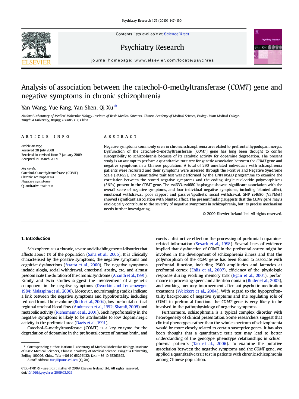 Analysis of association between the catechol-O-methyltransferase (COMT) gene and negative symptoms in chronic schizophrenia